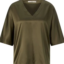 Blusen * LANIUS Damenbluse Seidensatin V-Ausschnitt Oliv
