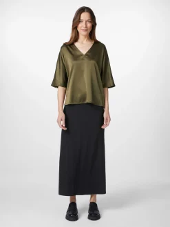 Blusen * LANIUS Damenbluse Seidensatin V-Ausschnitt Oliv